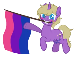 Size: 1289x962 | Tagged: safe, artist:katnekobase, artist:yeetmedownthestairs, derpibooru import, oc, oc:hay meadow, unofficial characters only, pony, unicorn, base used, bisexual pride flag, commission, cute, face paint, female, grin, horn, image, mare, mouth hold, png, pride, pride flag, pride month, simple background, smiling, solo, transparent background, ych result