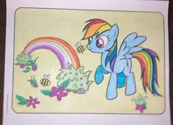 Size: 870x630 | Tagged: safe, artist:lullapiies, derpibooru import, rainbow dash, bee, insect, pony, coloring page, image, jpeg, rainbow, solo, traditional art