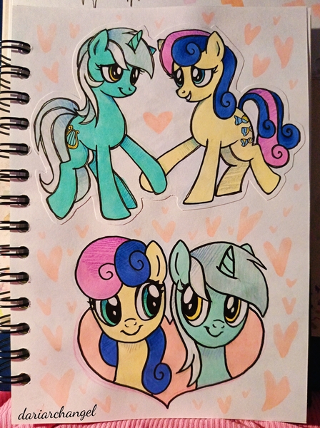 Size: 2753x3688 | Tagged: safe, artist:dariarchangel, derpibooru import, bon bon, lyra heartstrings, sweetie drops, earth pony, pony, unicorn, adorabon, bust, couple, cute, duo, duo female, female, heart, holding hooves, horn, image, jpeg, lesbian, looking at each other, looking at someone, love, lyrabetes, lyrabon, mare, photo, portrait, shipping, sketchbook, smiling, smiling at each other, traditional art, two toned mane