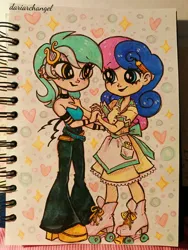 Size: 3000x4000 | Tagged: safe, artist:dariarchangel, derpibooru import, bon bon, lyra heartstrings, sweetie drops, human, adorabon, bracelet, choker, clothes, couple, cute, dress, duo, duo female, female, hairclip, holding hands, human coloration, humanized, image, jewelry, jpeg, lesbian, looking at each other, looking at someone, love, lyrabetes, lyrabon, pants, pencil, photo, platform shoes, roller skates, shipping, skates, sketchbook, smiling, smiling at each other, traditional art, waitress