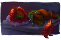 Size: 2634x1712 | Tagged: safe, artist:some_ponu, derpibooru import, oc, oc:fallen leaf, unofficial characters only, kirin, bed, bt-7274, digital art, eyebrows, eyes closed, high res, image, kirin oc, lying down, male, mattress, on bed, pillow, plushie, png, side, signature, sleeping, smiling, solo, titanfall 2