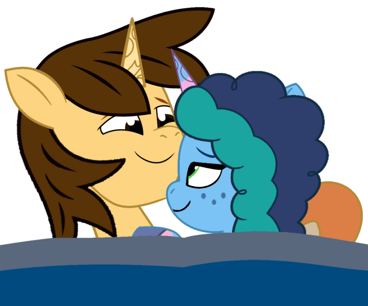 Size: 1280x1064 | Tagged: safe, artist:shieldwingarmorofgod, derpibooru import, oc, oc:ej, alicorn, unicorn, g5, alicorn oc, bed, canon x oc, female, horn, image, male, misty brightdawn, png, simple background, smiling, straight, transparent background, wings