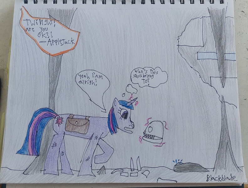 Size: 3435x2604 | Tagged: safe, artist:blackblade360, derpibooru import, twilight sparkle, pony, unicorn, alternate universe, atg 2024, bone, cave, colored pencil drawing, conspiracy, earth, female, glow, glowing horn, horizon zero dawn, horn, human skull, illuminati confirmed, image, implied human, irl, it was earth all along, jpeg, levitation, magic, mare, newbie artist training grounds, paper, photo, questioning, raised hoof, ribcage, signature, skeleton, skull, speech bubble, story included, telekinesis, thought bubble, traditional art, unicorn twilight, video game crossover