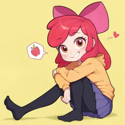 Size: 2048x2048 | Tagged: artist needed, prompter needed, safe, ai content, derpibooru import, machine learning assisted, apple bloom, human, adorabloom, apple, blushing, clothes, cute, food, grin, heart, hoodie, humanized, image, looking at you, png, simple background, sitting, skirt, smiling, solo, speech bubble, tights, yellow background