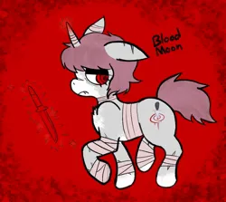 Size: 1279x1140 | Tagged: semi-grimdark, artist:psychorut, derpibooru import, oc, oc:blood moon, unofficial characters only, pony, unicorn, bandage, glow, glowing horn, horn, image, jpeg, knife, levitation, lidded eyes, magic, magic aura, nose scar, one ear down, raised hoof, raised leg, scar, self harm, self harm scars, solo, tail, telekinesis, unicorn oc