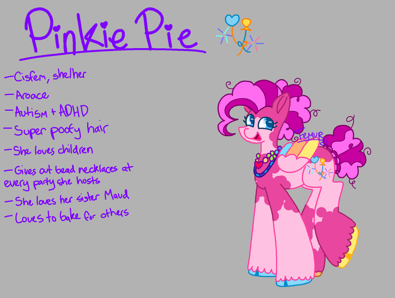 Size: 2048x1542 | Tagged: safe, artist:femurthechangeling, derpibooru import, pinkie pie, pegasus, pony, g4, alternate cutie mark, alternate design, alternate hairstyle, alternate universe, autism, autism spectrum disorder, balloon, beads, braided bun, bun hairstyle, cutie mark, female, fluffy hair, folded wings, gray background, hooves, image, implied maud pie, jewelry, looking at you, mare, necklace, neurodivergent, open mouth, open smile, png, poofy hair, raised hoof, signature, simple background, smiling, solo, species swap, spotted, twitterina design, unshorn fetlocks, vitiligo, wings