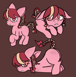 Size: 978x995 | Tagged: safe, artist:psychorut, derpibooru import, oc, oc:strawberry twist, unofficial characters only, earth pony, pony, braces, braid, braided tail, face down ass up, female, filly, floppy ears, foal, g4, image, jpeg, raised hoof, solo, tail