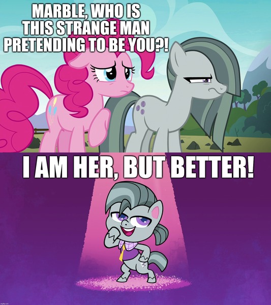 Size: 1920x2160 | Tagged: safe, derpibooru import, edit, edited screencap, screencap, marble pie, pinkie pie, earth pony, pony, my little pony: pony life, pie vs. pie, the maud couple, spoiler:pony life s01e23, angry, caption, confused, female, g4, image, image macro, jpeg, male, marble pie is not amused, mare, octavio pie, smiling, stallion, text, trio, unamused