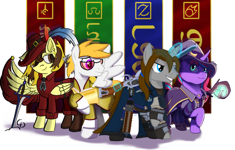 Size: 3528x2253 | Tagged: safe, artist:countderpy, artist:morrigun, artist:psychicwalnut, artist:stardust-rebellion, artist:twiny dust, derpibooru import, oc, oc:countess sweet bun, oc:dust, oc:lightpoint, unofficial characters only, pegasus, pony, unicorn, banner, base used, black mage, book, clothes, coat, collaboration, female, final fantasy, glasses, glow, glowing horn, group, gunblade, gunblader, hat, heterochromia, horn, image, jacket, magic, male, mare, png, quartet, red mage, scholar, shoes, signature, simple background, staff, stallion, sword, telekinesis, transparent background, weapon