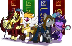 Size: 3528x2253 | Tagged: safe, artist:countderpy, artist:morrigun, artist:psychicwalnut, artist:stardust-rebellion, artist:twiny dust, derpibooru import, oc, oc:countess sweet bun, oc:dust, oc:lightpoint, unofficial characters only, pegasus, pony, unicorn, banner, base used, black mage, book, clothes, coat, collaboration, female, final fantasy, glasses, glow, glowing horn, group, gunblade, gunblader, hat, heterochromia, horn, image, jacket, magic, male, mare, png, quartet, red mage, scholar, shoes, signature, simple background, staff, stallion, sword, telekinesis, transparent background, weapon