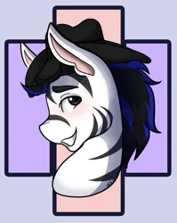 Size: 792x994 | Tagged: safe, artist:mscolorsplash, derpibooru import, oc, oc:louie hooferson, earth pony, zebra, blushing, bust, commissioner:legionofblues, cowboy hat, hat, image, jpeg, portrait, zebra stripes