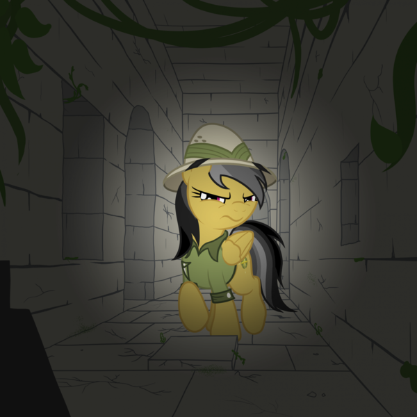 Size: 1919x1919 | Tagged: safe, artist:nitei, derpibooru import, daring do, pegasus, pony, atg 2024, clothes, dark, exploring, frown, hallway, hat, image, moss, newbie artist training grounds, png, ruins, shirt, solo, squint, trap (device), tunnel, vine, walking, wavy mouth, window