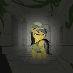 Size: 1919x1919 | Tagged: safe, artist:nitei, derpibooru import, daring do, pegasus, pony, atg 2024, clothes, dark, exploring, frown, hallway, hat, image, moss, newbie artist training grounds, png, ruins, shirt, solo, squint, trap (device), tunnel, vine, walking, wavy mouth, window