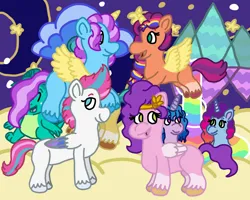 Size: 2000x1600 | Tagged: safe, artist:mintwhistle, derpibooru import, hitch trailblazer, izzy moonbow, pipp petals, sparky sparkeroni, sunny starscout, unnamed character, unnamed pony, zipp storm, alicorn, dragon, earth pony, pegasus, pony, unicorn, g5, my little pony: a new generation, applejack (g5), artificial horn, artificial wings, atg 2024, augmented, baby, baby dragon, chubby, cloud, coat markings, colored wings, diadem, eyes closed, female, fluttershy (g5), flying, folded wings, freckles, gradient mane, headband, horn, image, jewelry, looking at each other, looking at someone, looking back, magic, magic horn, magic wings, male, mane five, mane seven (g5), mane six (g5), mare, medibang paint, misty brightdawn, multicolored wings, newbie artist training grounds, open mouth, open smile, pale belly, pinkie pie (g5), png, race swap, rainbow dash (g5), rainbow waterfall, rarity (g5), rebirth misty, regalia, royal sisters (g5), siblings, sisters, skyros, smiling, smiling at each other, smug, smugzipp, socks (coat marking), spread wings, stallion, stars, sunnycorn, twilight sparkle (g5), unshorn fetlocks, water, waterfall, wet, wet mane, wings