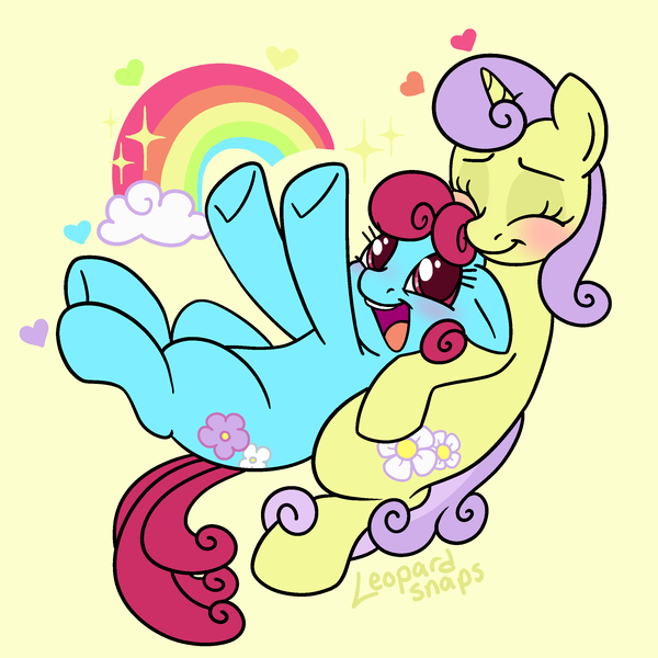 Size: 2400x2400 | Tagged: safe, artist:leopardsnaps, derpibooru import, bluebonnet, sunshine petals, earth pony, pony, unicorn, background pony, blushing, cuddling, duo, eyes closed, female, g4, heart, hooves in air, horn, image, lesbian, looking at someone, looking up, lying down, on back, png, rainbow, scene interpretation, ship:sunbonnet, shipping, simple background, smiling, sparkles, yellow background