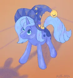 Size: 870x930 | Tagged: safe, artist:chervachok, derpibooru import, princess luna, star swirl the bearded, pony, unicorn, bell, female, filly, filly luna, foal, hat, horn, image, png, race swap, shadow, solo, unicorn luna, woona, younger