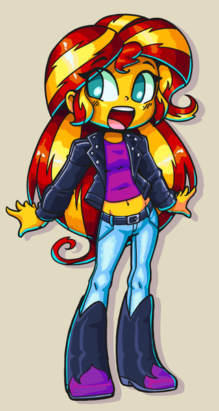 Size: 1496x2801 | Tagged: safe, artist:shadowhawx, derpibooru import, sunset shimmer, human, equestria girls, beige background, belly button, boots, clothes, cute, denim, female, g4, high res, image, jacket, jeans, leather, leather jacket, midriff, no pupils, open mouth, open smile, pants, png, shimmerbetes, shoes, simple background, smiling, solo, thigh boots