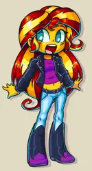 Size: 1496x2801 | Tagged: safe, artist:shadowhawx, derpibooru import, sunset shimmer, human, equestria girls, beige background, belly button, boots, clothes, cute, denim, female, g4, high res, image, jacket, jeans, leather, leather jacket, midriff, no pupils, open mouth, open smile, pants, png, shimmerbetes, shoes, simple background, smiling, solo, thigh boots