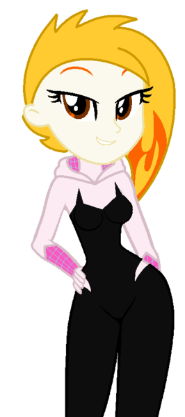 Size: 395x890 | Tagged: safe, artist:robertsonskywa1, derpibooru import, equestria girls, g5, my little pony: tell your tale, bodysuit, clothes, equestria girls-ified, female, flare (g5), g4, g5 to equestria girls, g5 to g4, generation leap, hand on hip, image, photo, png, sexy, simple background, solo, solo female, spider-gwen, spider-man: across the spider-verse, transparent background