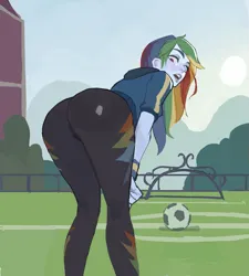 Size: 1200x1334 | Tagged: suggestive, artist:hyung7754, derpibooru import, rainbow dash, human, equestria girls, ass, bent over, butt, clothes, female, football, g4, image, jpeg, leggings, looking at you, looking back, pants, rainbutt dash, solo, sports, yoga pants