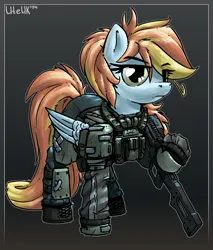 Size: 2236x2628 | Tagged: safe, artist:uteuk, derpibooru import, oc, oc:wind east, unofficial characters only, pegasus, pony, armor, female, gun, image, looking at you, mare, military, png, s.t.a.l.k.e.r., stalker, weapon, wings