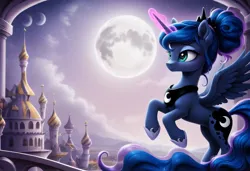 Size: 1216x832 | Tagged: safe, ai content, derpibooru import, machine learning generated, prompter:kluknawa235, stable diffusion, princess luna, alicorn, building, bun hairstyle, castle, flying, g4, image, jpeg, moon, outdoors, sky, smiling, solo