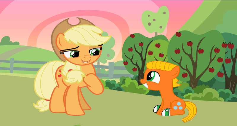 Size: 4008x2128 | Tagged: safe, artist:memeartboi, derpibooru import, applejack, oc, ponified, earth pony, pony, afternoon, apple, apple tree, applejack's hat, bubble, clothes, colt, cowboy hat, cowgirl, cute, darwin watterson, duo, duo male and female, earth, earth pony oc, element of honesty, female, foal, food, g4, happy, hat, image, introduction, male, mare, meeting, png, smiling, socks, sweet apple acres, the amazing world of gumball, tree, unexpected, yeehaw