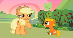 Size: 4008x2128 | Tagged: safe, artist:memeartboi, derpibooru import, applejack, oc, ponified, earth pony, pony, afternoon, apple, apple tree, applejack's hat, bubble, clothes, colt, cowboy hat, cowgirl, cute, darwin watterson, duo, duo male and female, earth, earth pony oc, element of honesty, female, foal, food, g4, happy, hat, image, introduction, male, mare, meeting, png, smiling, socks, sweet apple acres, the amazing world of gumball, tree, unexpected, yeehaw