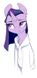 Size: 505x1059 | Tagged: safe, artist:blueink_2501, derpibooru import, twilight sparkle, twilight sparkle (alicorn), alicorn, pony, alternate hairstyle, bathrobe, clothes, female, image, jpeg, mare, robe, simple background, solo, spa robe, wet, wet mane, white background