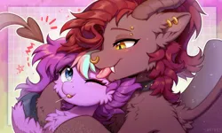 Size: 3000x1800 | Tagged: safe, artist:swaybat, derpibooru import, oc, oc:sweet vibes, oc:whiskey dreams, unofficial characters only, blushing, candy, cheek fluff, chest fluff, duo, ear fluff, food, image, lollipop, one eye closed, png, tongue out