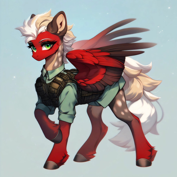 Size: 4096x4096 | Tagged: safe, ai content, derpibooru import, machine learning generated, prompter:lostconn, stable diffusion, oc, unofficial characters only, pegasus, bulletproof vest, clothes, female, feral, generator:pony diffusion v6 xl, generator:purplesmart.ai, image, jpeg, military, shirt