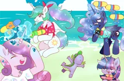 Size: 4142x2721 | Tagged: safe, artist:ruto_me, derpibooru import, princess cadance, princess celestia, princess luna, spike, twilight sparkle, twilight sparkle (alicorn), alicorn, dragon, pony, beach, cute, cutedance, cutelestia, female, food, g4, image, lunabetes, male, nintendo switch, ocean, png, popsicle, royal sisters, siblings, sisters, spikabetes, twiabetes, water, watergun