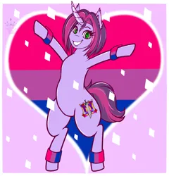 Size: 1200x1250 | Tagged: safe, artist:queenkittyok, derpibooru import, pony, unicorn, bipedal, bisexual pride flag, commission, female, heart, heart background, horn, image, mare, photo, png, pride, pride flag, pride month, solo, ych result, your character here
