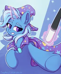 Size: 706x850 | Tagged: safe, artist:zeepheru_pone, derpibooru import, trixie, pony, unicorn, g4, atg 2024, cape, clothes, female, hat, horn, image, magic, mare, newbie artist training grounds, png, smiling, solo, trixie's cape, trixie's hat