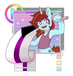 Size: 2328x2403 | Tagged: safe, artist:musicfirewind, derpibooru import, oc, oc:exodust, pony, unicorn, aromantic pride flag, bisexual pride flag, clothes, commission, demisexual pride flag, ear piercing, earring, eyebrows, eyebrows visible through hair, grid, horn, image, jewelry, looking at you, male, piercing, png, pride, pride flag, red hair, signature, simple background, smiling, smiling at you, solo, sparkles, stallion, striped hair, transparent background, unicorn oc, ych result