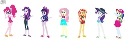 Size: 2336x776 | Tagged: safe, artist:selenaede, artist:xxdavid5000xx, derpibooru import, fluttershy, pinkie pie, rainbow dash, rarity, starlight glimmer, sunset shimmer, twilight sparkle, alternate design, alternate universe, base used, bikini, clothes, clothes swap, flip-flops, fluttershy's wetsuit, g4, hat, image, one-piece swimsuit, png, rarity's blue sarong, rarity's purple bikini, sandals, simple background, swimsuit, swimsuit swap, wetsuit, white background