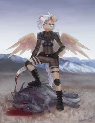 Size: 1280x1656 | Tagged: semi-grimdark, artist:jekeita, derpibooru import, oc, unofficial characters only, alien, anthro, pegasus, animal, blood, clothes, hunter, image, jpeg, knife, pasture, solo, suit