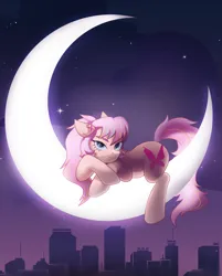 Size: 1280x1593 | Tagged: safe, artist:jekeita, derpibooru import, oc, unofficial characters only, earth pony, pony, city, image, looking at you, moon, night, night sky, png, sky, smiling, smiling at you, solo, stars