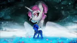 Size: 1280x720 | Tagged: safe, artist:jekeita, derpibooru import, princess celestia, princess luna, alicorn, pony, ambient.white, image, jpeg, lake, staring at you, sword, water, weapon, young celestia, young luna