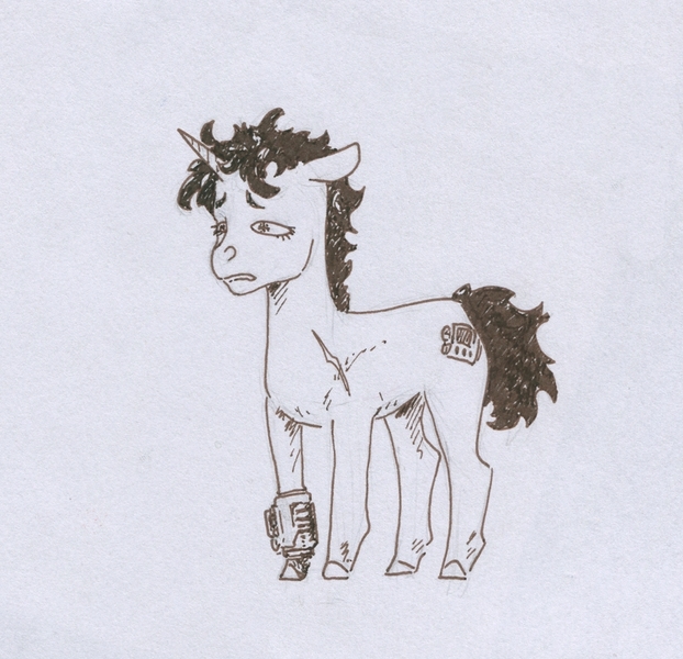 Size: 833x803 | Tagged: safe, artist:adeptus-monitus, derpibooru import, oc, oc:littlepip, unofficial characters only, pony, unicorn, fallout equestria, horn, image, jpeg, monochrome, pipbuck, solo, traditional art