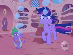 Size: 709x536 | Tagged: safe, artist:willieboy04, derpibooru import, spike, twilight sparkle, twilight sparkle (alicorn), alicorn, dragon, pony, air bubble, bubble, duo, duo male and female, female, g4, golden oaks library, holding breath, hub logo, image, library, logo, male, png, puffy cheeks, the hub, this will end in drowning, underwater, water