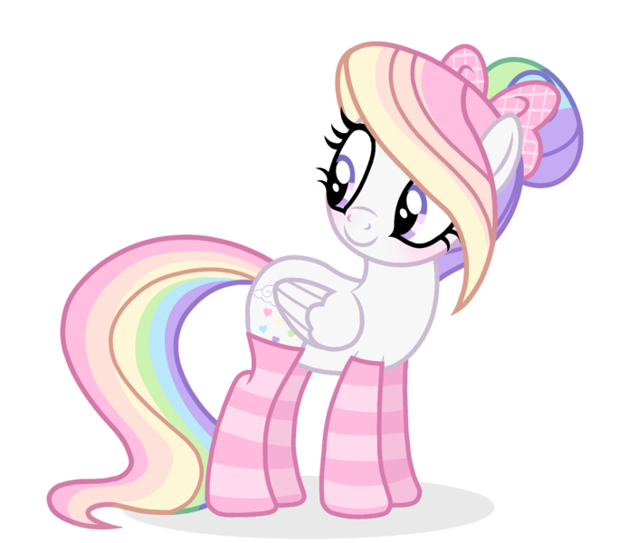 Size: 1390x1220 | Tagged: safe, artist:cstrawberrymilk, derpibooru import, oc, oc:rainbow heart, unofficial characters only, pegasus, pony, blushing, bow, clothes, female, folded wings, hair bow, image, mare, png, simple background, smiling, socks, solo, striped socks, transparent background, wings