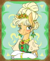Size: 1186x1450 | Tagged: safe, artist:destiny_manticor, derpibooru import, applejack, earth pony, pony, abstract background, apple, beehive hairdo, blonde hair, blushing, bust, closed mouth, clothes, corset, diadem, dress, ear piercing, earring, eyeshadow, food, g4, gemstones, gloves, green eyes, green lipstick, image, jewelry, leaf, lidded eyes, lipstick, makeup, piercing, png, regalia, request, smiling, solo, victorian