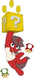 Size: 2214x5000 | Tagged: safe, artist:jhayarr23, derpibooru import, oc, oc:ironyoshi, unofficial characters only, unicorn, ? block, clothes, coin, commission, horn, image, jumping, mushroom, png, shirt, simple background, super mario bros., transparent background, ych result