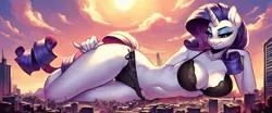 Size: 1536x640 | Tagged: suggestive, ai content, derpibooru import, machine learning generated, stable diffusion, rarity, anthro, breasts, busty rarity, city, clothes, curvy, eyeshadow, female, g4, generator:pony diffusion v6 xl, giantess, image, jpeg, lingerie, lying down, macro, makeup, smug, solo, solo female, sun