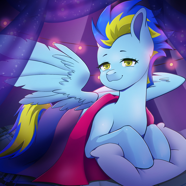 Size: 2000x2000 | Tagged: safe, alternate version, artist:erein, derpibooru import, oc, oc:slipstream, unofficial characters only, pegasus, pony, alternate character, bedroom, bisexual, bisexual pride flag, blue fur, commission, ears up, female, flag, garland, high res, image, indoors, jpeg, lgbt, looking at you, multicolored hair, multicolored tail, night, pegasus oc, pillow, pride, pride flag, pride month, room, smiling, smiling at you, solo, spread wings, string lights, tail, wings, ych result