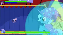 Size: 1706x968 | Tagged: safe, artist:reclusenutcase, derpibooru import, trixie, pony, boss battle, duo, explicit source, flying, force field, g4, game, giant pony, image, macro, magic, png, twilight vs:, video game, vore