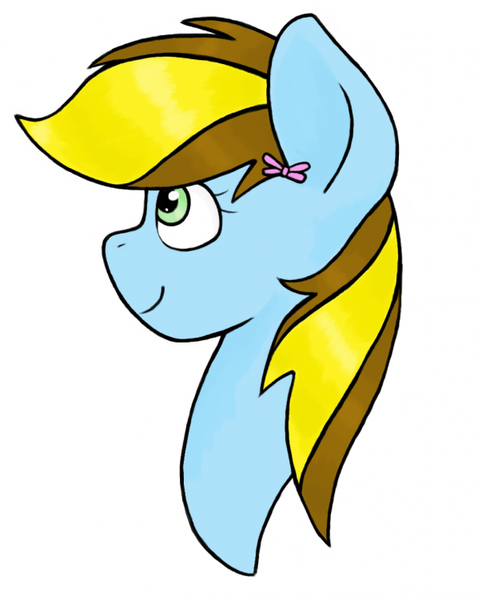 Size: 603x750 | Tagged: safe, artist:cagey, derpibooru import, oc, oc:lucky bolt, unofficial characters only, pegasus, pony, bow, bust, female, gift art, hair bow, image, png, portrait, simple background, solo, white background