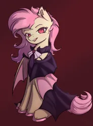 Size: 1250x1700 | Tagged: safe, artist:aterhut, derpibooru import, fluttershy, bat pony, pegasus, pony, bat ponified, cape, clothes, collar shirt, female, flutterbat, g4, image, looking at you, mare, png, race swap, red background, simple background, sitting, solo, unshorn fetlocks