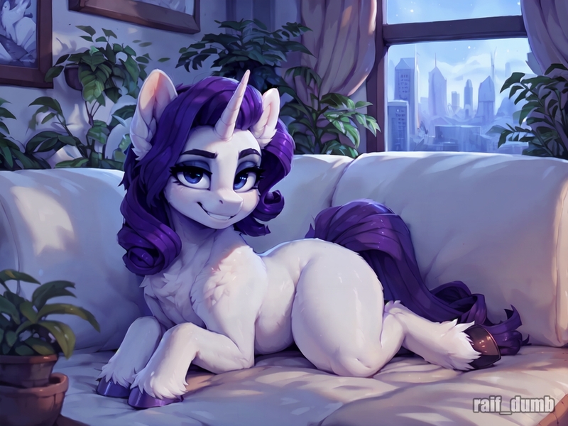 Size: 1280x960 | Tagged: safe, ai content, derpibooru import, machine learning generated, prompter:raif, stable diffusion, rarity, pony, unicorn, city, cityscape, couch, eyelashes, eyeshadow, g4, hooves, horn, image, jpeg, looking at you, lying down, makeup, plant, pretty, smiling, solo, window